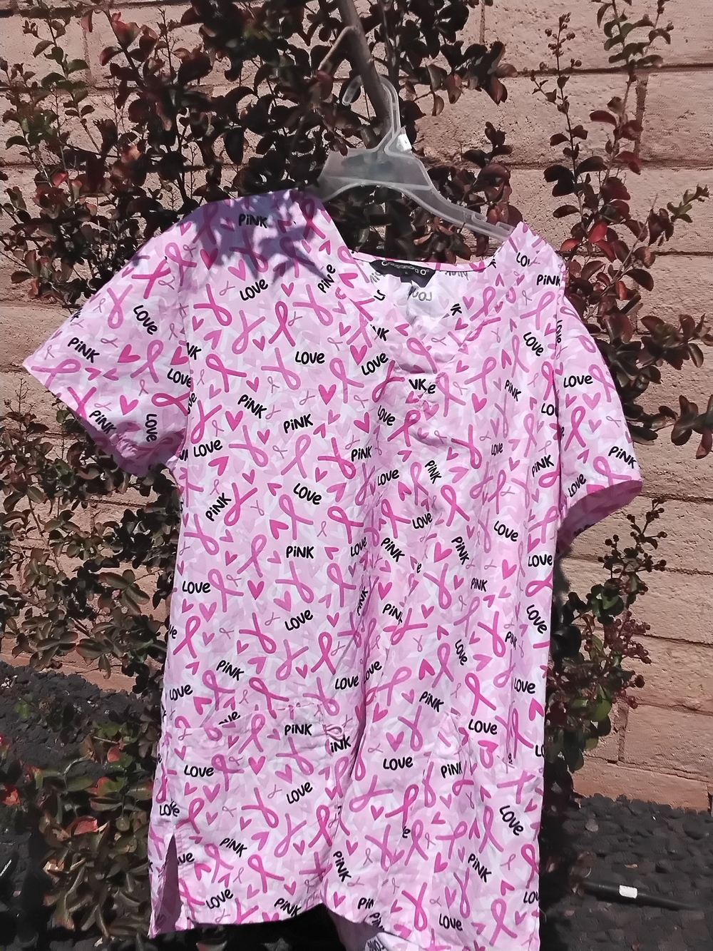 Cassandra O  Pink Ribbon Print Medical Scrub Top